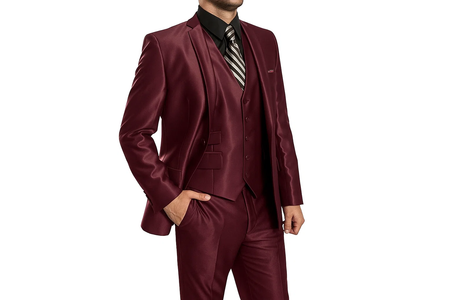 Men's  Sharkskin Burgundy ~ Wine ~ Maroon Suit vested Cheap Priced Business Suits