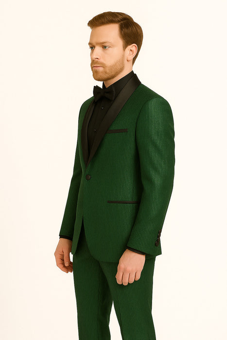 Men's Emerald Green Shiny Tuxedo with Black Satin Lapel and Matching Bow Tie – Ultra Slim Fit