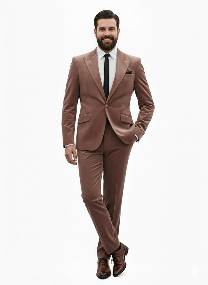 Mens Mauve Velvet Suit – 2 Piece Ultra Slim Fit Blazer and Pants Formal Set in Light Brown Tuxedo - Image 4