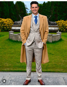 Great Gatsby Package -  Mens Camel Overcoat with Beige Tweed 3-Piece Suit Combo 4 Items Formal Winter Outfit