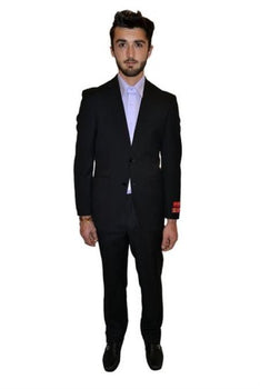 Mantoni Suit - Signature Menswear Wool Fabric SuitsOutlet - Brand Tapered Leg Lower rise Pants & Get skinny Two Piece Suit Modern Fit Suits Solid Black - High End Suits - High Quality Suits