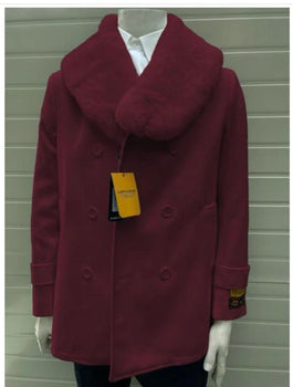 Men’s Burgundy Double-Breasted Overcoat with Faux Fur Shawl Collar – Alberto Nardoni Signature