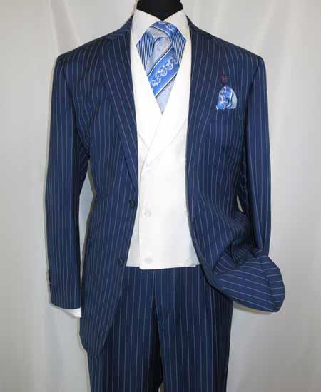 Men'S 2 Button Chalk Bold Stripe ~ Pinstripe Blue Shawl Collar 1920'S 30'S Fashion Vintage Patterns No Vest Included Suit