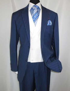 Men'S 2 Buttons Chalk Bold Stripe ~ Pinstripe Blue Shawl Collar 1920'S 30'S Fashion Vintage Pattern No Vest Included Suit