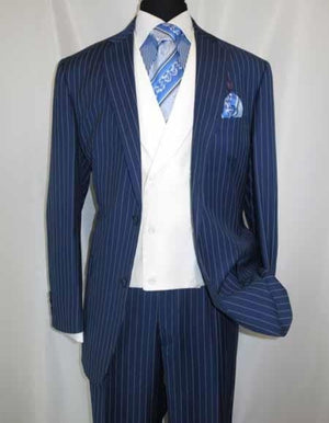 Men'S 2 Buttons Chalk Bold Stripe ~ Pinstripes Blue Shawl Collar 1920'S 30'S Fashion Vintage Pattern No Vest Included Suit