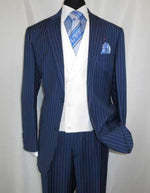 Men'S 2 Buttons Chalk Bold Stripe ~ Pinstripes Blue Shawl Collar 1920'S 30'S Fashion Vintage Pattern No Vest Included Suit