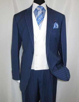 Men'S 2 Buttons Chalk Bold Stripe ~ Pinstripes Blue Shawl Collar 1920'S 30'S Fashion Vintage Pattern No Vest Included Suit