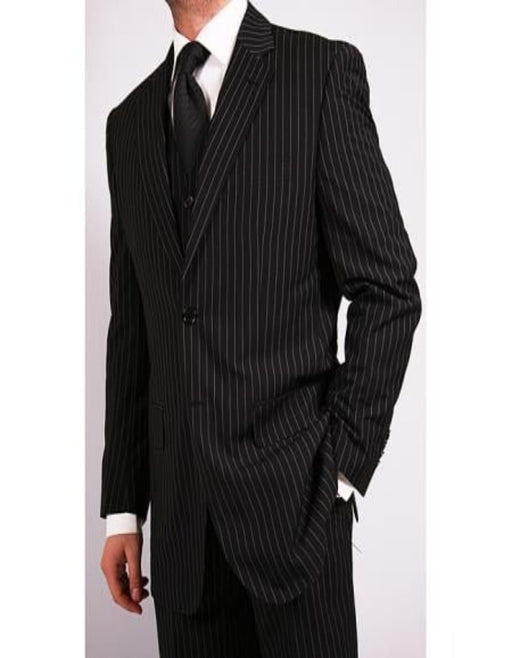Men'S 3-Piece Black Bold White Chalk Bold Pinstripes Vested Cheap Priced Business Suit Clearance Sale