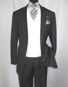 Men'S Black 2 Buttons Chalk Bold Stripe ~ Pinstripe Double Breasted Shawl Collar 1920'S 30'S Fashion Vintage Pattern No Vest Included Suit