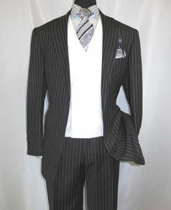 Men'S Black 2 Buttons Chalk Bold Stripe ~ Pinstripes Double Breasted Shawl Collar 1920'S 30'S Fashion Vintage Pattern No Vest Included Suit