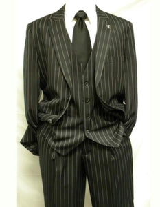 Men'S Black And White Gangster Bold PinStripe Vested 3 Piece Fashion Suit