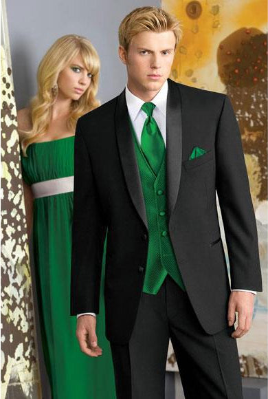 Men'S Black Two Buttons Narrow Shawl Collar Lapel Wool Modern Slim Fit Suits