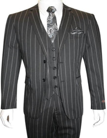Men'S Bold Gangster 1920s Vintage Black And White Gangster Bold Stripe 2 Buttons Vested Suit