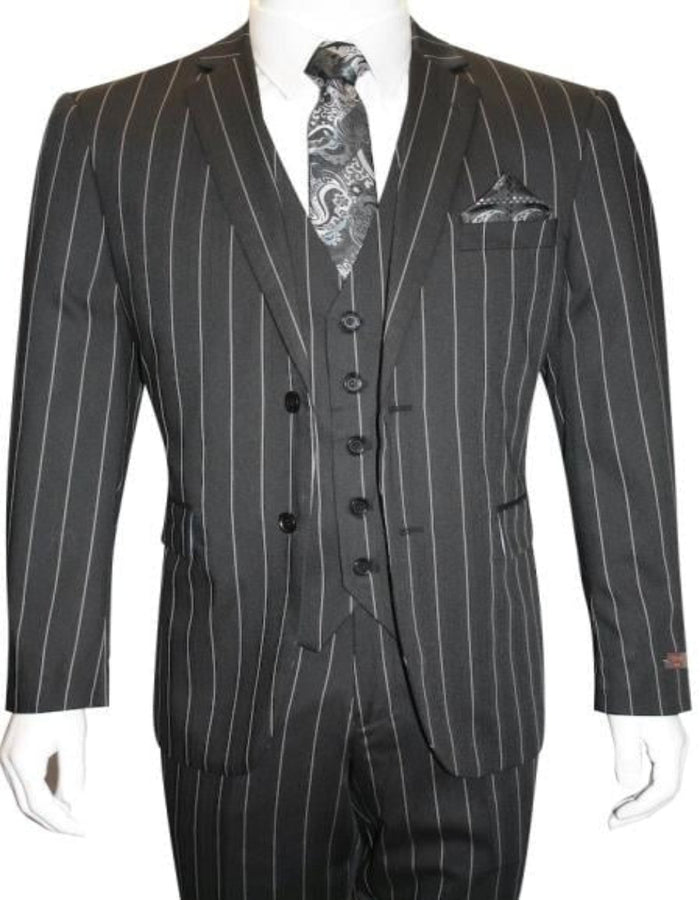 Men'S Bold Gangster 1920s Vintage Black And White Gangster Bold Stripe 2 Buttons Vested Suits