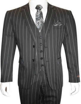 Men'S Bold Gangster 1920s Vintage Black And White Gangster Bold Stripe 2 Buttons Vested Suits