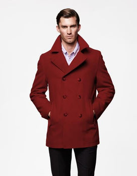 Men'S Burgundy Six Button Double Breasted Cheap Priced Mens Wool Peacoat Jacket