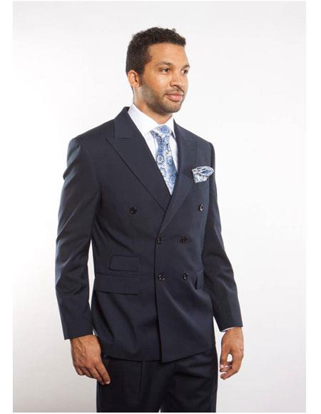 Men'S Dark Navy Blue Suit For Men Peak Lapel Double Breasted Suits Button Closure Suit