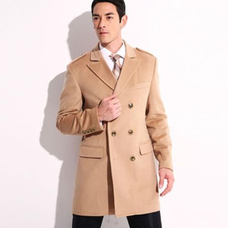 Men'S Dress Coat 36 Inch Cashmere Double Breasted Long Men'S Dress Topcoat - Winter Coat Designer Men'S Peacoat Sale Overcoat Wide Peak Lapel 6 Buttons Camel
