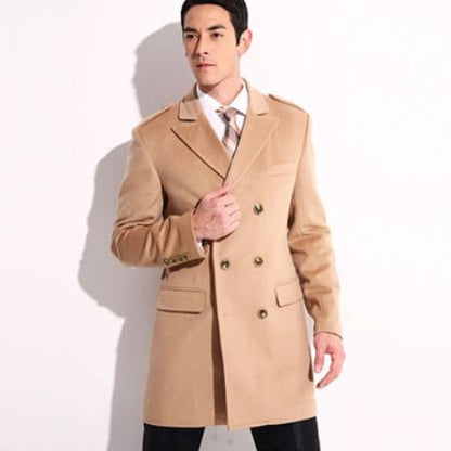 Men'S Dress Coat 36 Inch Cashmere Double Breasted Long Men'S Dress Topcoat - Winter Coat Designer Men'S Peacoat Sale Overcoat Wide Peak Lapel 6 Buttons Camel