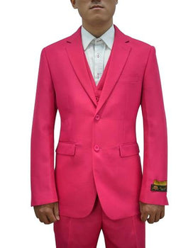 Men'S Fushcia One Chest Pocket Vested 3 Piece Suit