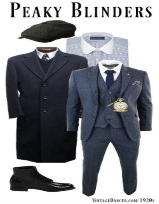 Men'S Gray Three Buttons Two Flap Front Pockets 3 Piece Peaky Blinders Suit - Peaky Blinders Outfit + Overcoat + Shirt And Hat + Boot (Like Pictured)