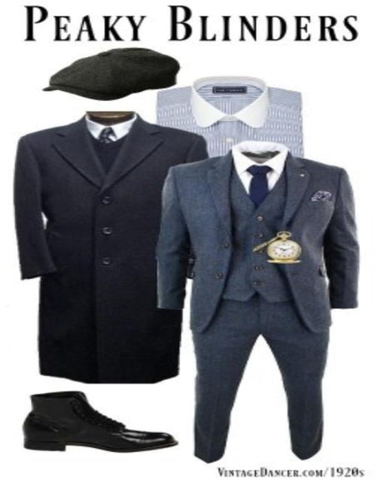 Men'S Gray Three Buttons Two Flap Front Pockets 3 Piece Peaky Blinders Suit - Peaky Blinders Outfit + Overcoat + Shirt And Hat + Boot (Like Pictured)
