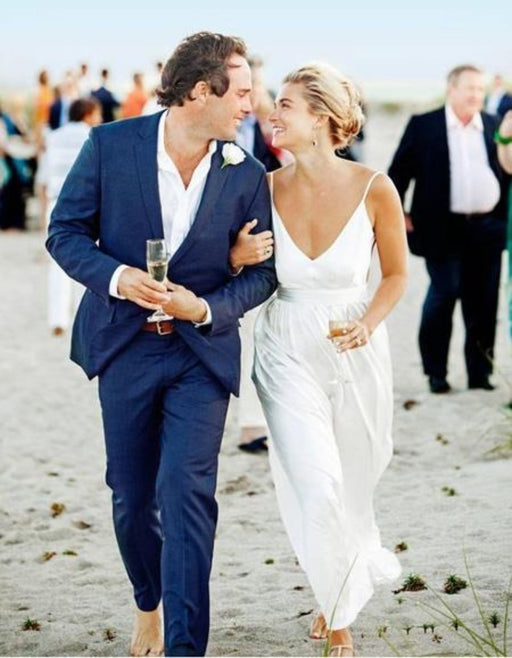 Men'S Navy Blue One Button Beach Wedding Attire Suit For Men