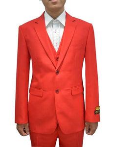 Men'S Red Flap Two Pockets Vested 3 Piece Suit