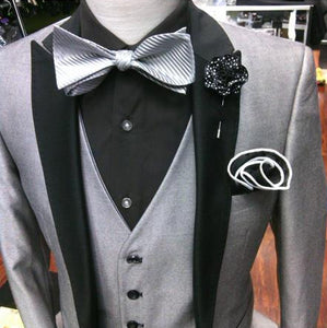 Men'S Silver Gray ~ Grey & Black Lapel Peak Lapel Sharkskin Fabric Two Toned Suit - Mens Grey And Black Tuxedo Wedding - Charcoal Grey Tuxedo
