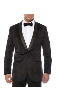 Men'S 1 Button Shawl Lapel Black Velvet Sheen Two Toned With Black Lapel Side Vented Black