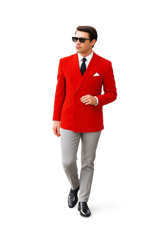 Men'S Red Double Breast Velvet Cheap Priced Jacket - Slim Fitted