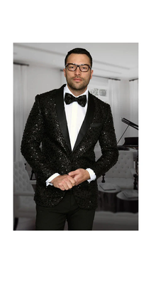 Men'S Sharkskin Flashy Stage Shiny Sequin Paisley Blazer Dinner Jacket 1 Button Black Sport Coat Jacket