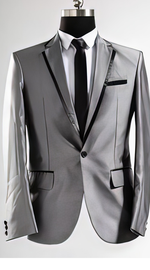 Men'S Shiny Flashy Sharkskin Silver Grey ~ Gray With Black Trim Tuxedo Suits Jacket Blazer