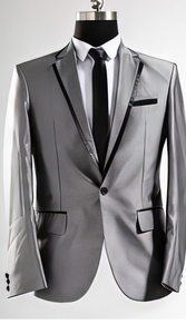 Men'S Shiny Flashy Sharkskin Silver Grey ~ Gray With Black Trim Tuxedo Suits Jacket Blazer