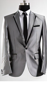 Men'S Shiny Flashy Sharkskin Silver Grey ~ Gray With Black Trim Tuxedo Suits Jacket Blazer
