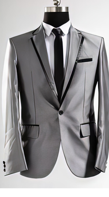 Men'S Shiny Flashy Sharkskin Silver Grey ~ Gray With Black Trim Tuxedo Suits Jacket Blazer