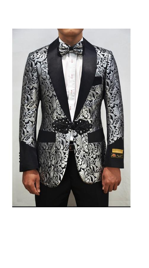 Men'S Silver ~ Black One Button Floral Pattern Blazer
