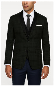 Men'S Skinny Cut Tweed Windowpane Pattern Black And Grey Blazer