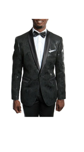 Men'S Slim Fit Tuxedo Jacket Blazer Fancy Floral Pattern Large Shawl Lapel Black