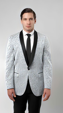 Men'S Tuxedo Floral Satin Shiny Black Lapel Two Toned Blazer Dinner Jacket Paisley Sport Coat Flashy Silky Satin Stage Fancy Stage Party Dance Jacket Silver Light Gray ~ Grey