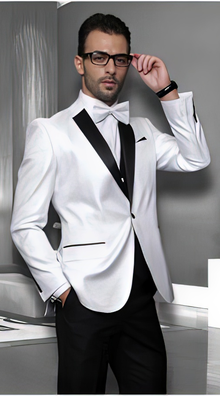 Men'S White Sport Coat Black Lapel Floral Shiny Tuxedo Paisley Flashy Satin Stage Dance