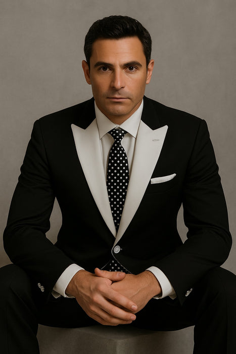 Men'S 2 Button White Peak Lapel Black Slim Fit Suit
