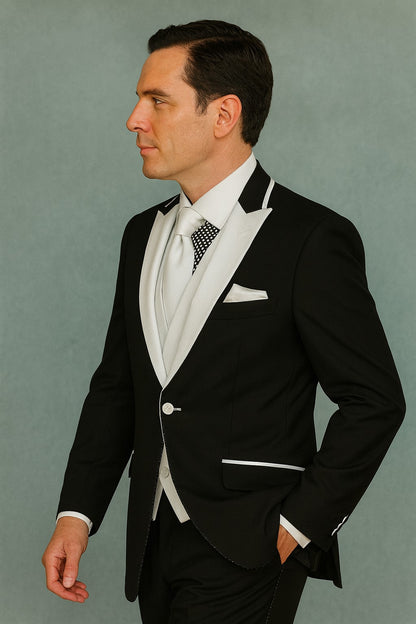 Men'S 2 Button White Peak Lapel Black Slim Fit Suit - Image 2