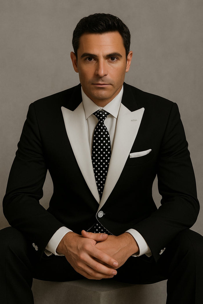 Men'S 2 Button White Peak Lapel Black Slim Fit Suit - Image 3