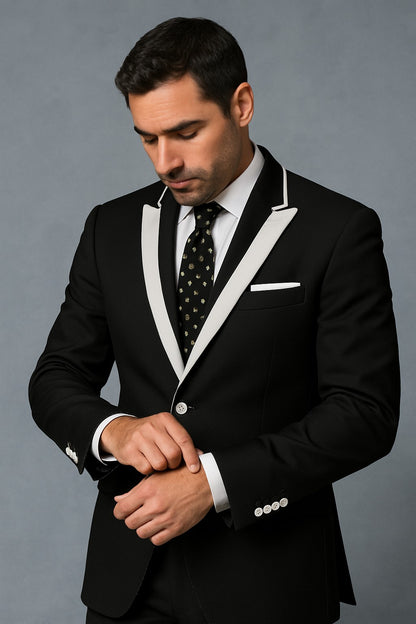 Men'S 2 Button White Peak Lapel Black Slim Fit Suit - Image 4