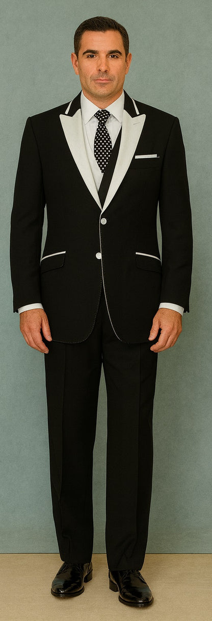 Men'S 2 Button White Peak Lapel Black Slim Fit Suit