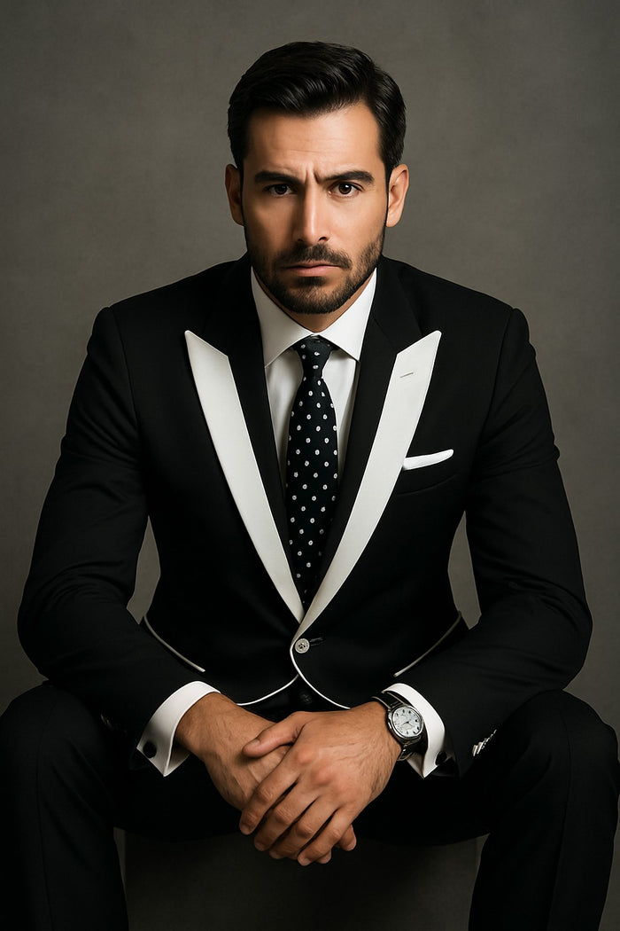 Men'S 2 Button White Peak Lapel Black Slim Fit Suit - Image 7
