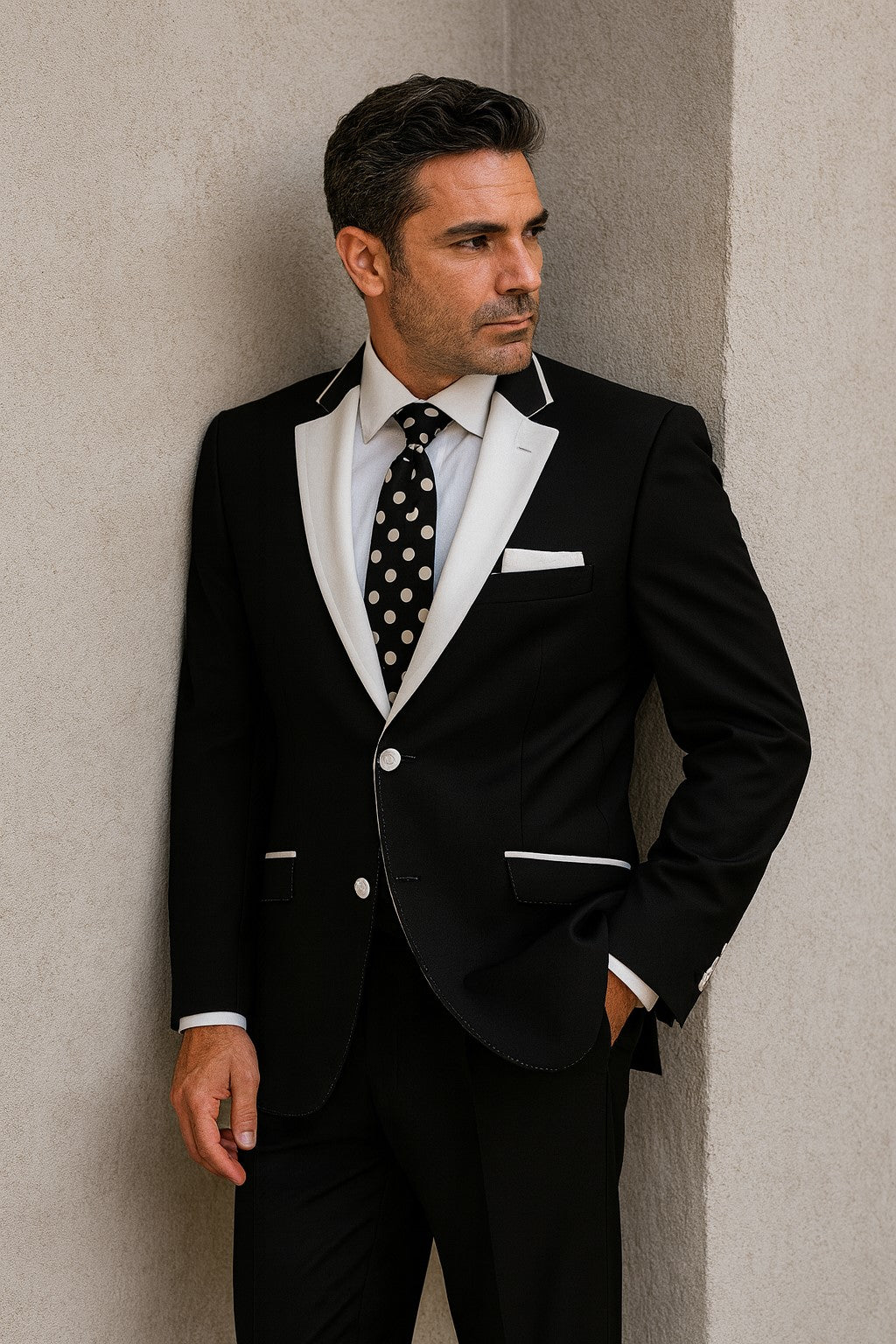 Men'S 2 Button White Peak Lapel Black Slim Fit Suit - Image 8