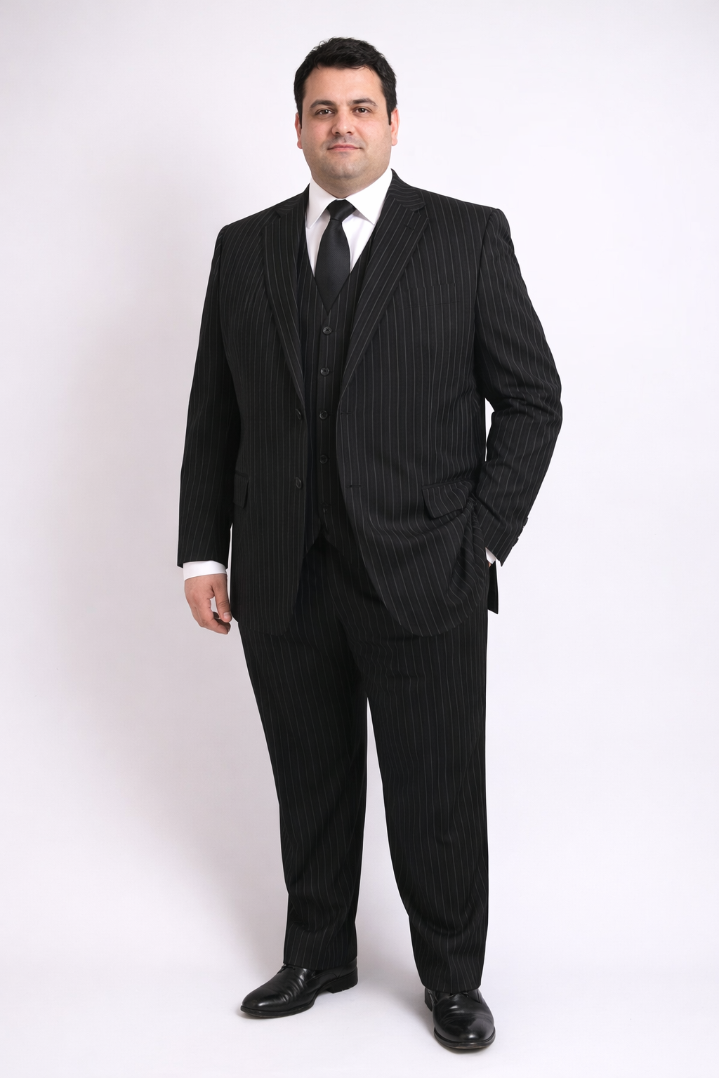 Men'S 3-Piece Black Bold White Chalk Bold Pinstripe Vested Cheap Priced Business Suit Clearance Sale
