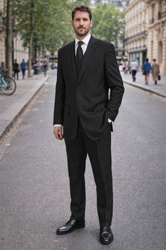 Men'S 3-Piece Black Bold White Chalk Bold Pinstripe Vested Cheap Priced Business Suit Clearance Sale